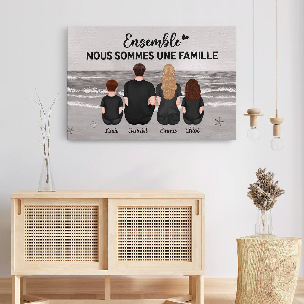 Toile Prénom Personnalisé Famille - Ensemble Nous Formons Une Famille Version Mer Monochrome - Image 3