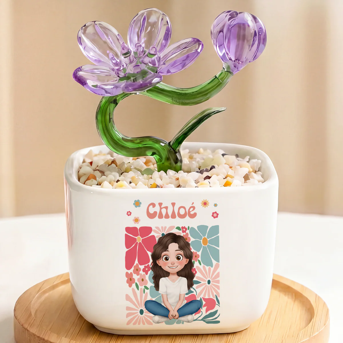 Fleur Artisanale En Verre Avec Pot - Cadeau Original Avec Prénom Pour Femme