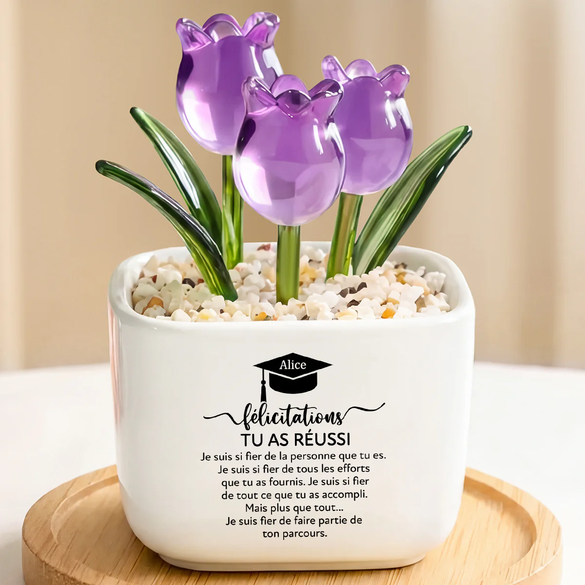 Fleur Fait Main En Verre Avec Pot - Cadeau Remise De Diplôme Femme Homme