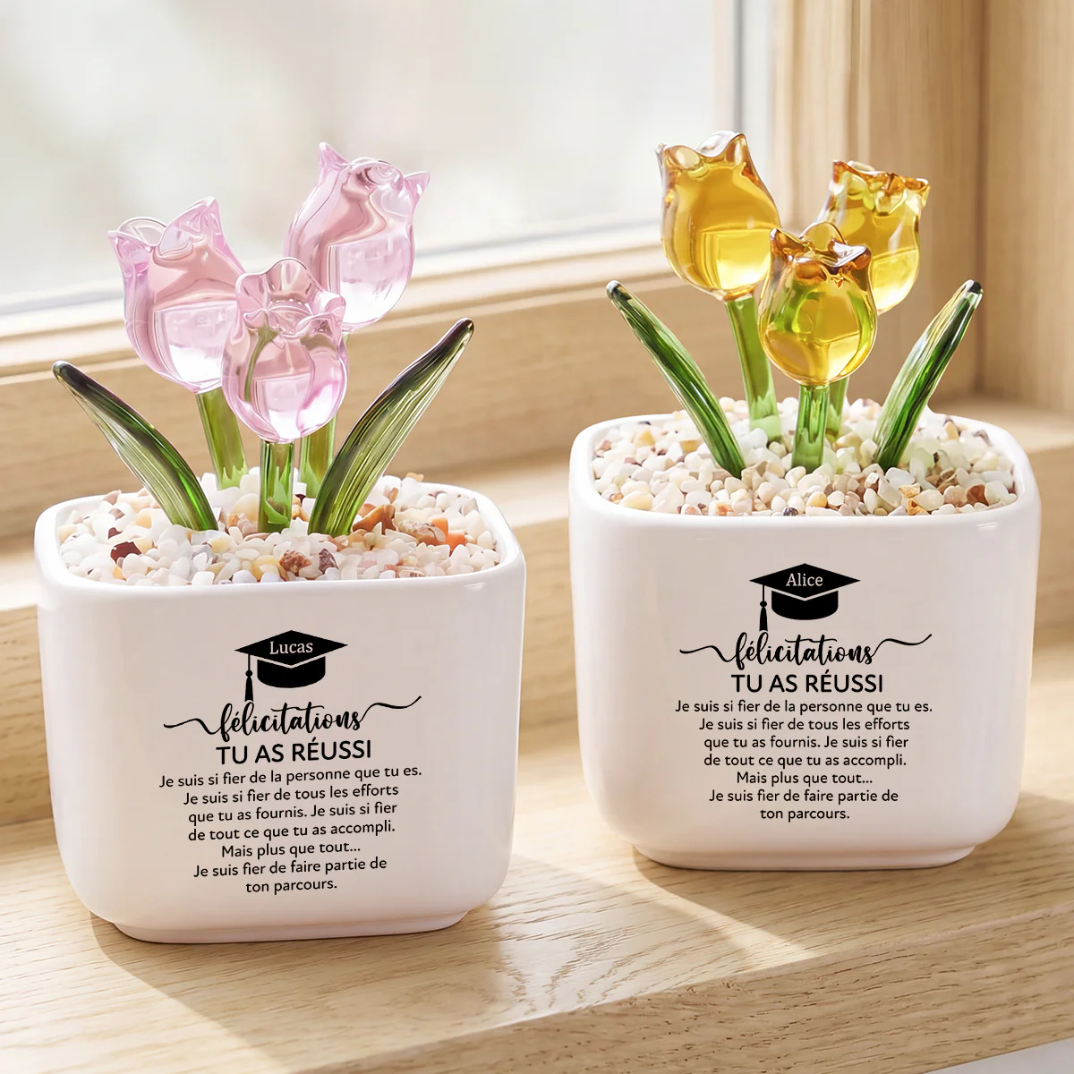 Fleur Fait Main En Verre Avec Pot - Cadeau Remise De Diplôme Femme Homme - Image 2