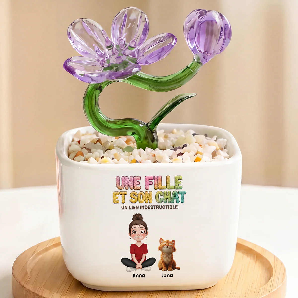 Fleur Fait Main En Verre Avec Pot - Lien Entre Fille Et Son Chat