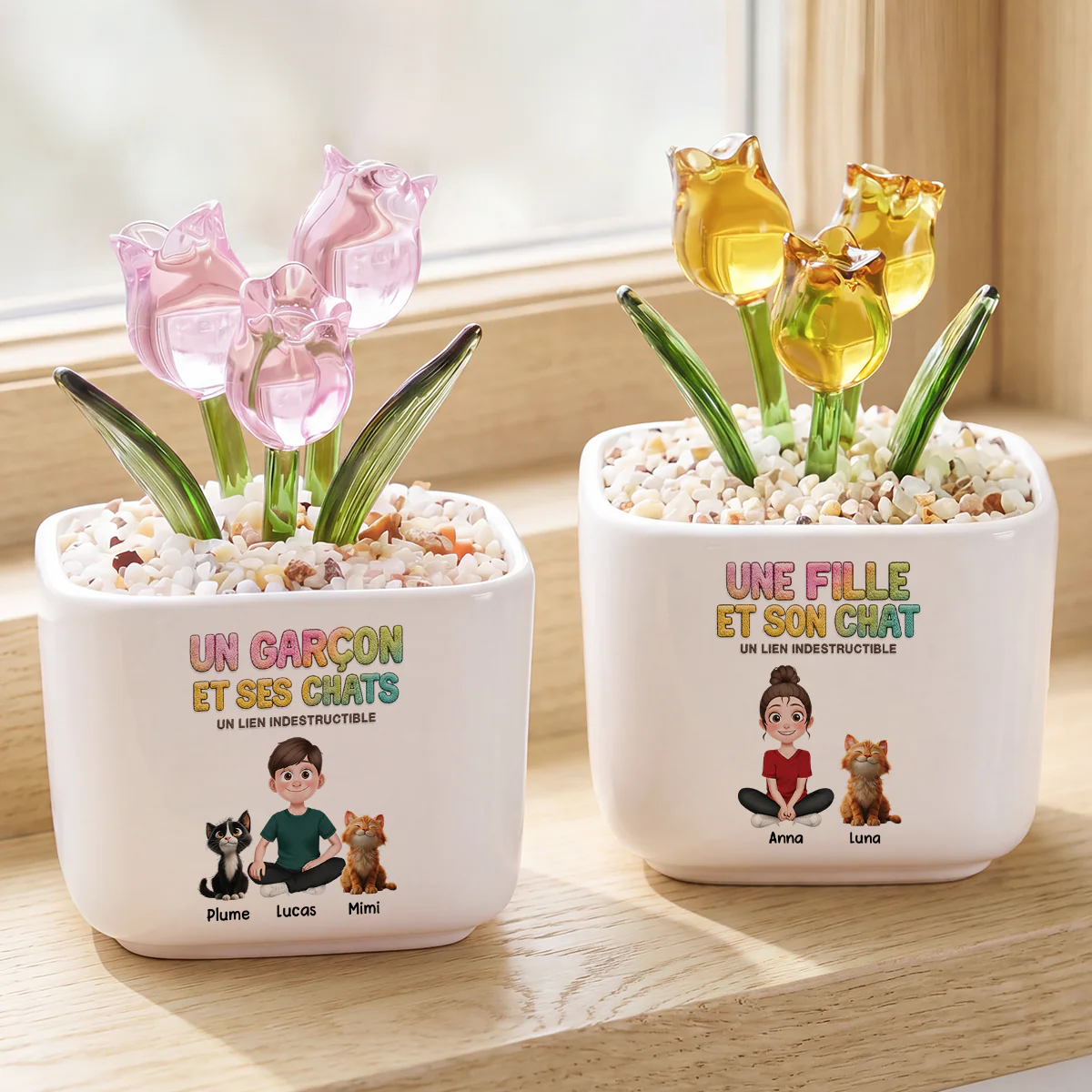 Fleur Fait Main En Verre Avec Pot - Lien Entre Fille Et Son Chat - Image 2