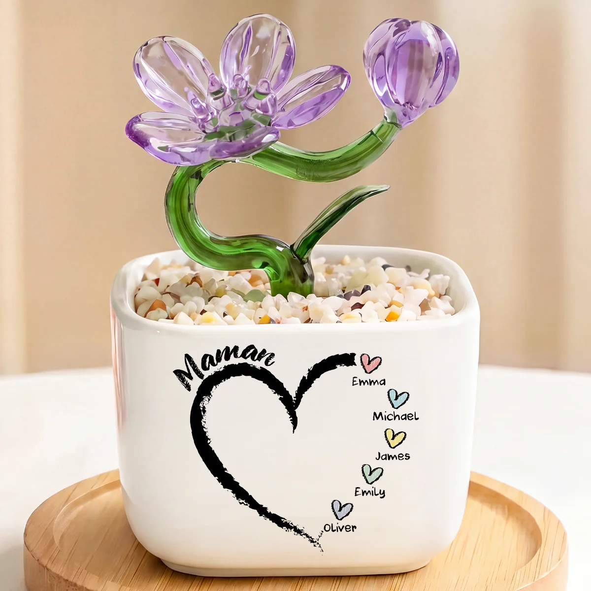 Fleurs Artisanales En Verre Avec Pot - Cadeau Maman Mamie Avec Petit Cœur