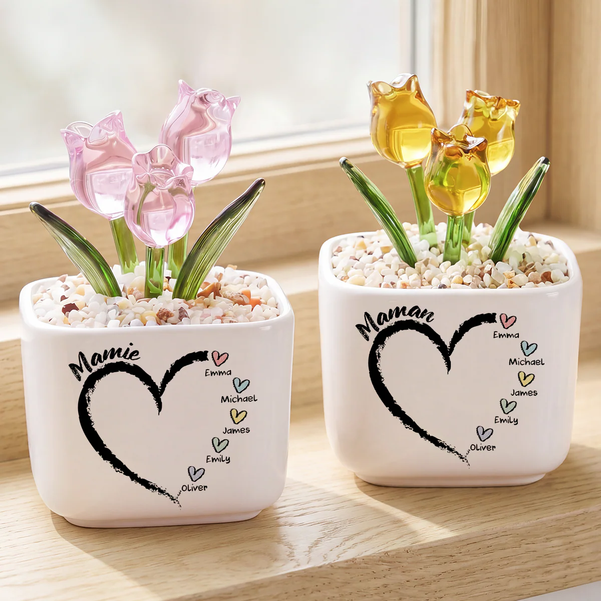 Fleurs Artisanales En Verre Avec Pot - Cadeau Maman Mamie Avec Petit Cœur - Image 2