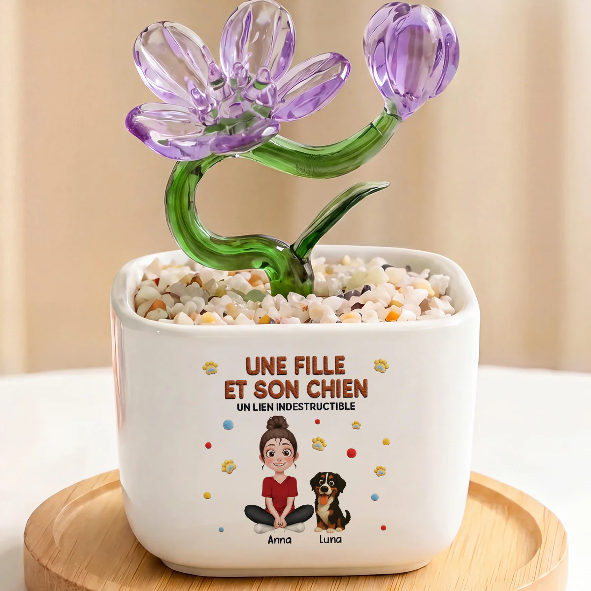 Fleurs En Verre Déco Faites Main Avec Pot - Cadeau Fille Et Son Chien