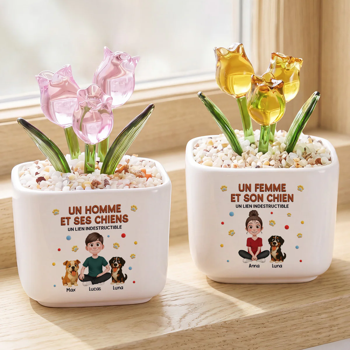 Fleurs En Verre Déco Faites Main Avec Pot - Cadeau Fille Et Son Chien - Image 2
