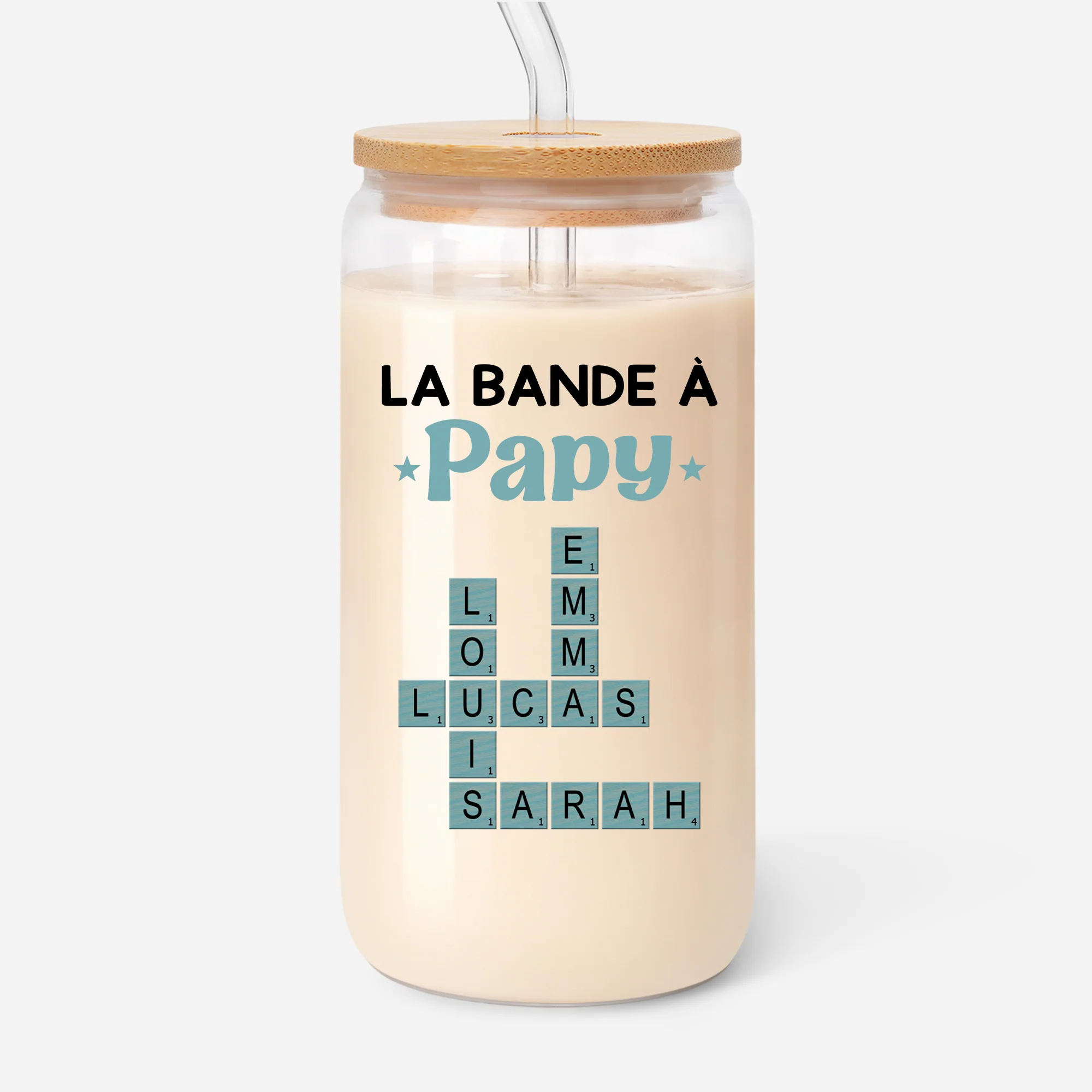 Gobelet En Verre Avec Paille Personnalisé Mot Croisé Famille - La Bande À Papy Mamie Papa Maman