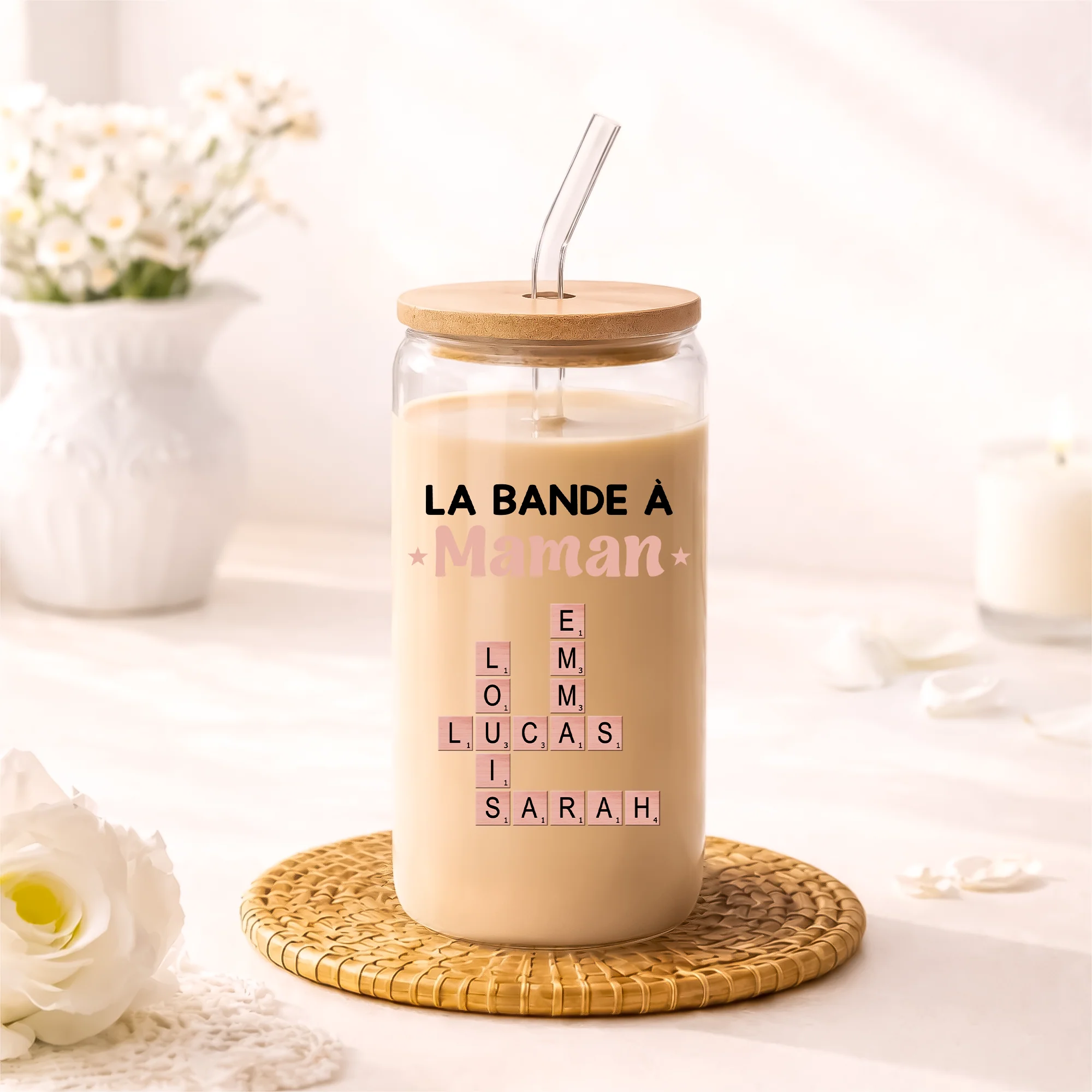 Gobelet En Verre Avec Paille Personnalisé Mot Croisé Famille - La Bande À Papy Mamie Papa Maman - Image 2