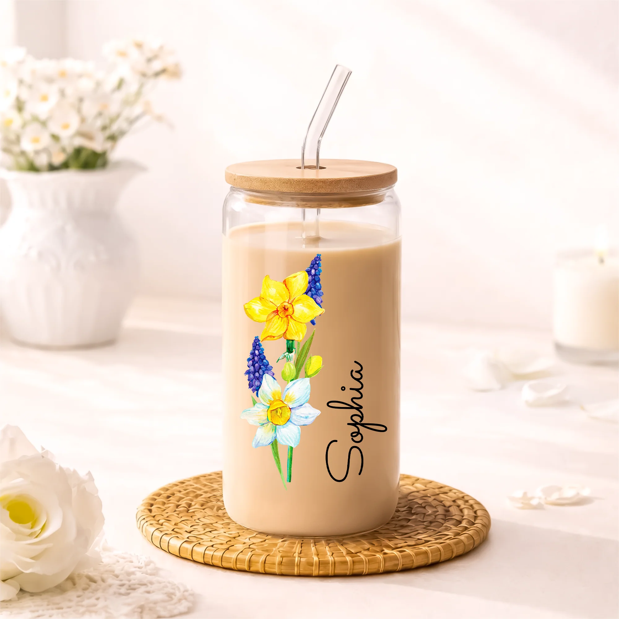 Gobelet En Verre Personnalisé - Cadeau Femme Avec Prénom Et Fleur - Image 2