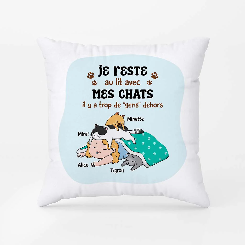 J'aime Rester Dans Mon Lit Avec Mes Chats - Coussin Chat Original