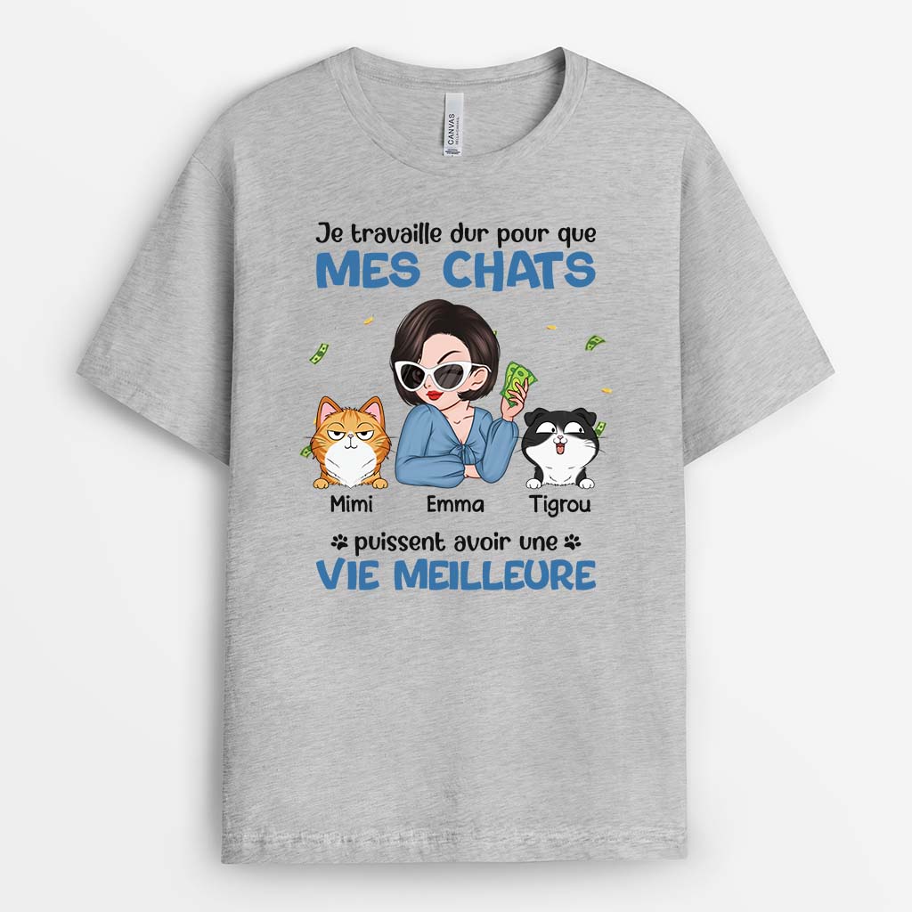 T Shirt Personnalisé Avec Chat - Je Travaille Dur Pour Mes Chats - Image 2