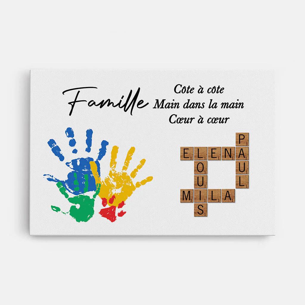 Toile mots croisés famille personnalisée avec Prénoms et empreintes