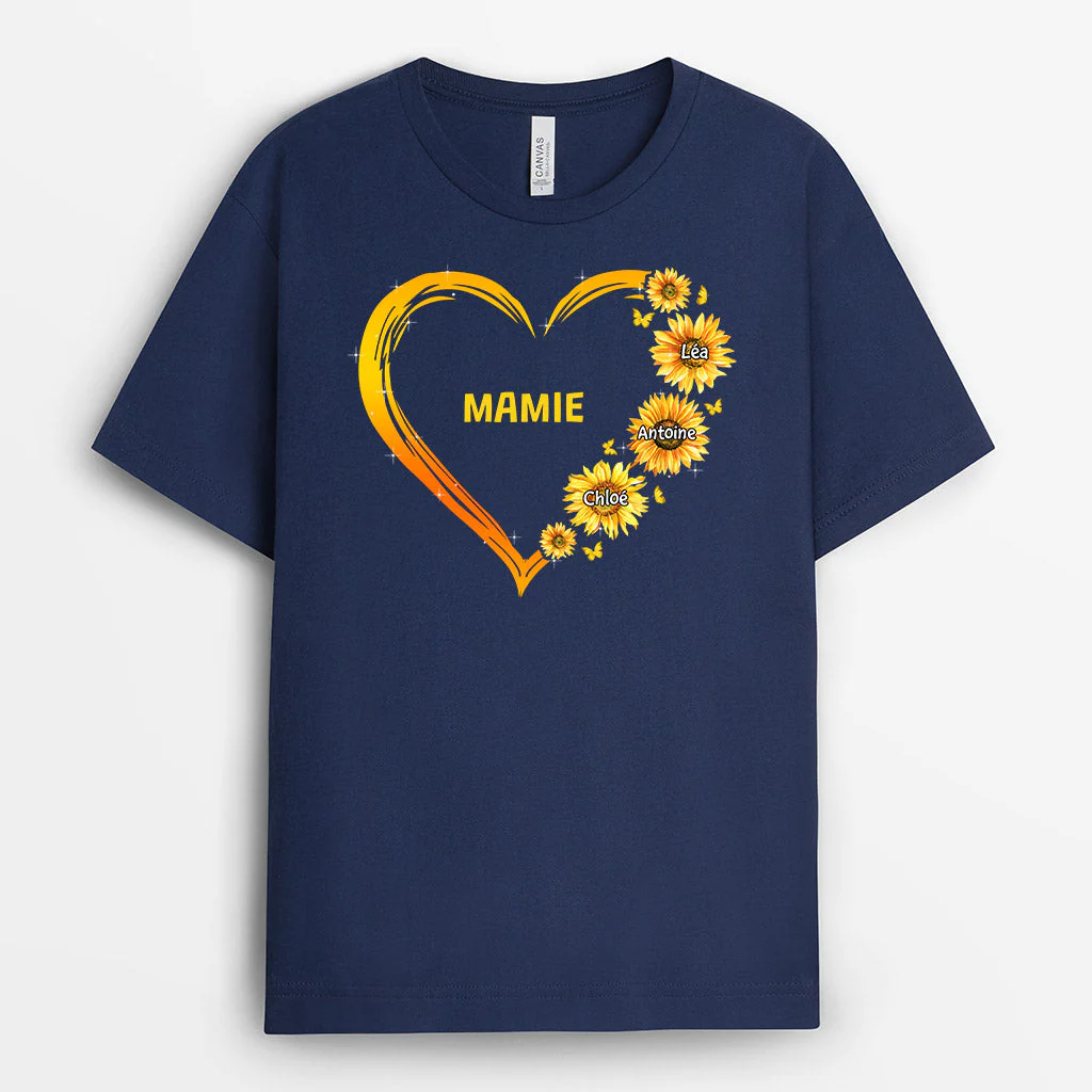 T Shirt Mamie Personnalisé - Le Cœur de Mamie | Design Fleurs Jaunes