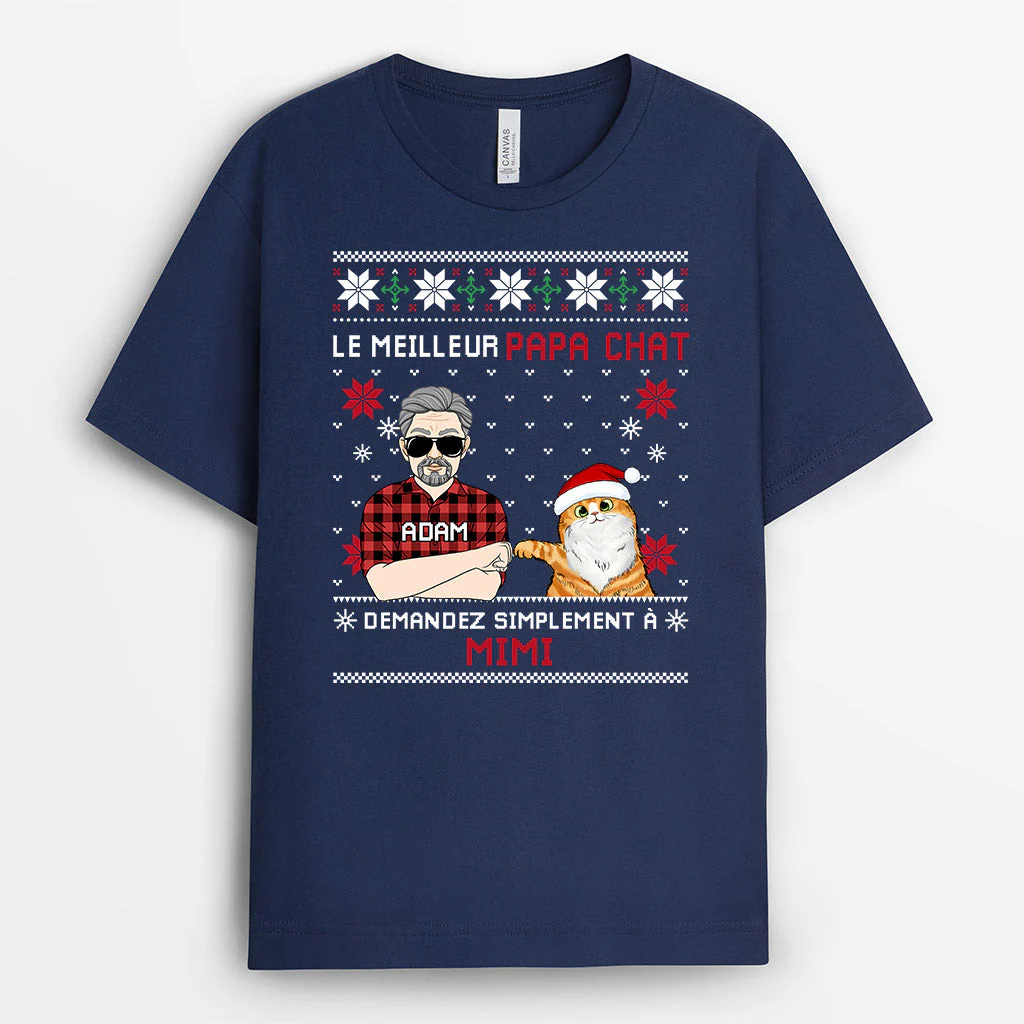 T Shirt Personnalisé Avec Chat - Le Meilleur Papa Chat Demandez Noël - Image 2