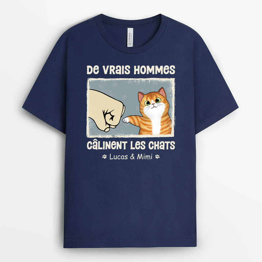 Tee Shirt Personnalisé Rigolo – Les Vrais Hommes Câlinent Des Chats - Image 2