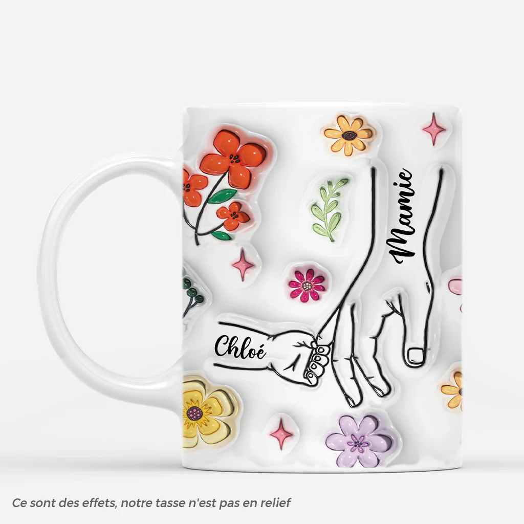 [Effet d'impression 3D] Mug Personnalisé Maman - Main Dans La Main Avec Fleurs Colorées