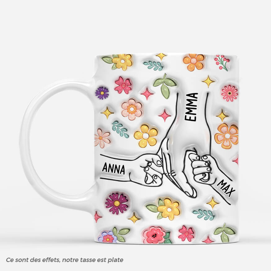 [Effet d'impression 3D] Mug Personnalisé Maman - Maman Tenant Les Mains Avec Fleurs Éclatants