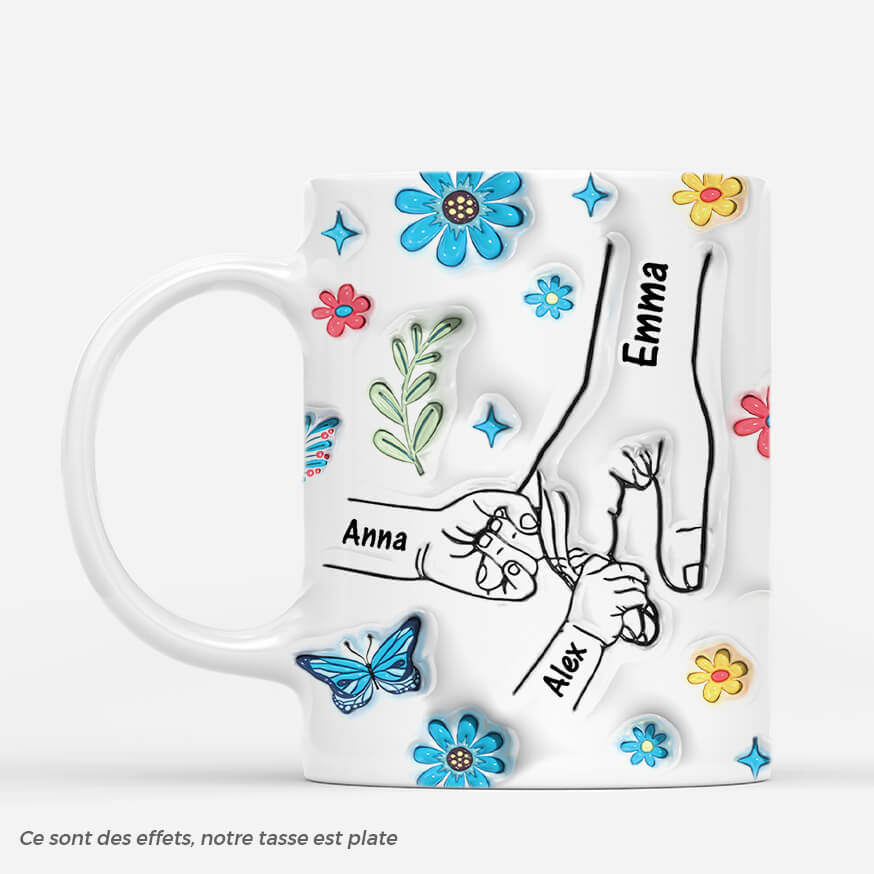 [Effet d'impression 3D] Mug Personnalisé Maman - Tenant Les Mains Avec Fleurs Et Papillons