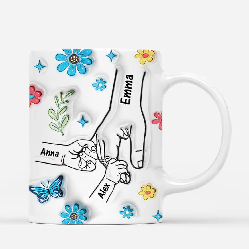 [Effet d'impression 3D] Mug Personnalisé Maman - Tenant Les Mains Avec Fleurs Et Papillons - Image 2