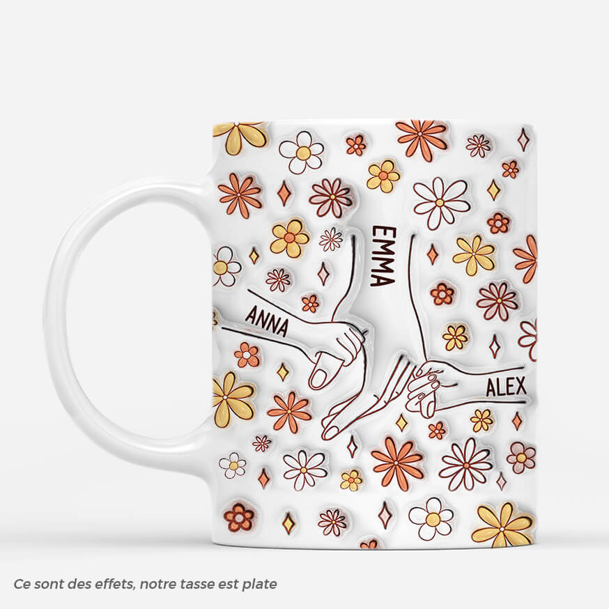 [Effet d'impression 3D] Mug Personnalisé Maman - Tenant Les Mains Avec Fleurs Version Automne