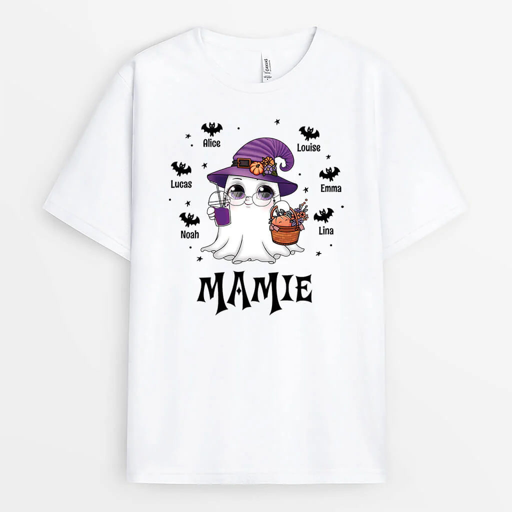 Tee Shirt Personnalisé Pour Mamie - Fantôme Et Ses Petits Battes Pour Halloween