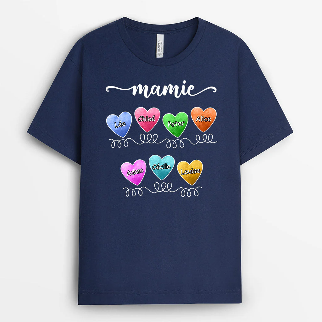 T Shirt Personnalisé Mamie - Mamie | Avec Petits Cœurs Colorés
