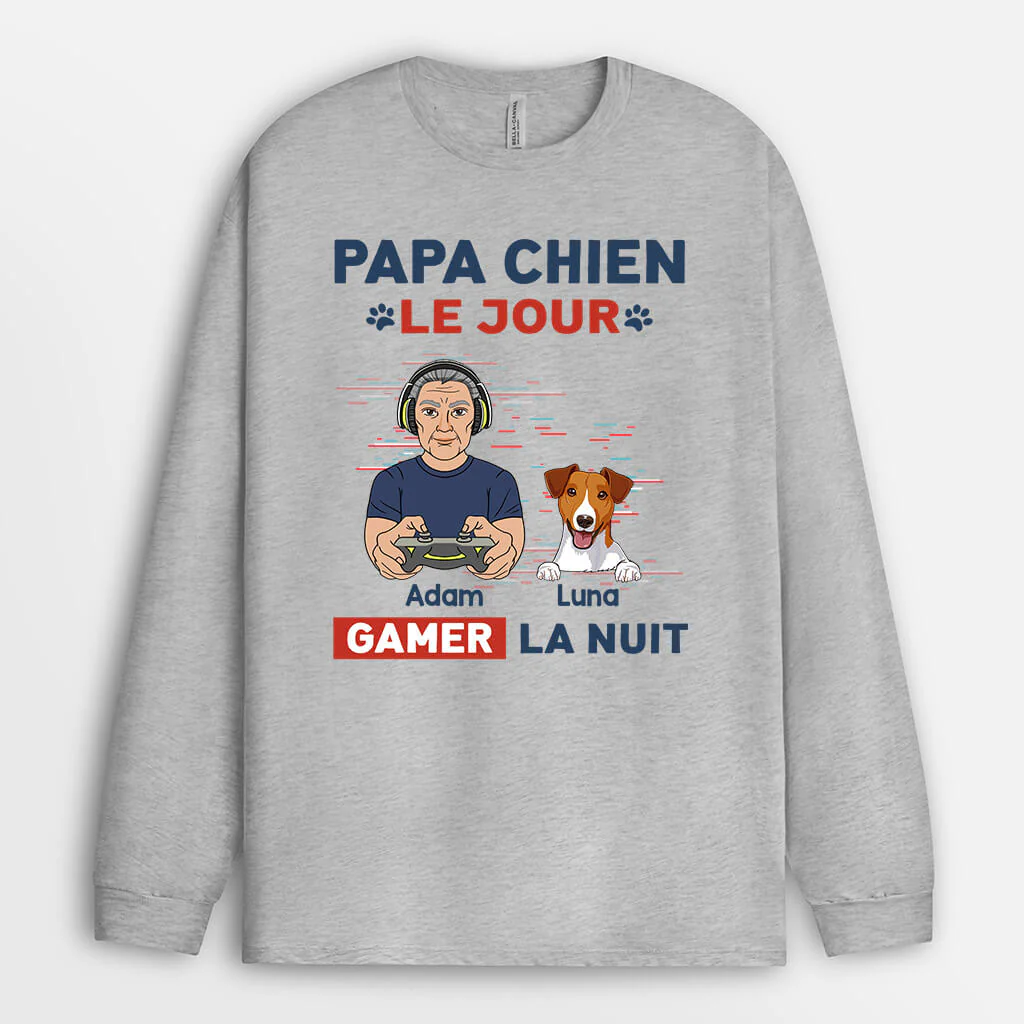 Manches Longues Papa Chien Le Jour Gamer La Nuit Personnalisé - Image 2