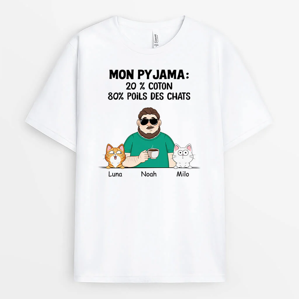 Tee Shirt Personnalisé Humour – Mon Pyjama 20% Coton 80% Chat | Version Claire