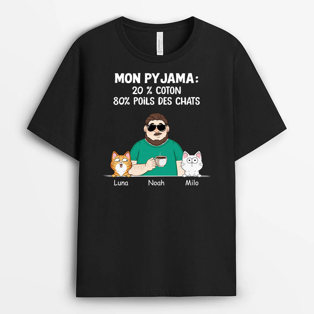 Tee Shirt Personnalisé Drôle – Mon Pyjama 20% Coton 80% Chat | Version Sombre - Image 2