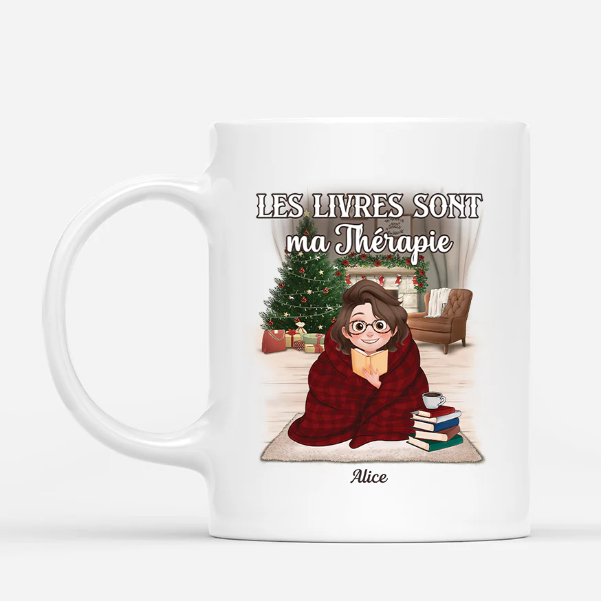 Mug De Noël Personnalisé Pour Femme Et Homme - Les Livres Sont Ma Thérapie