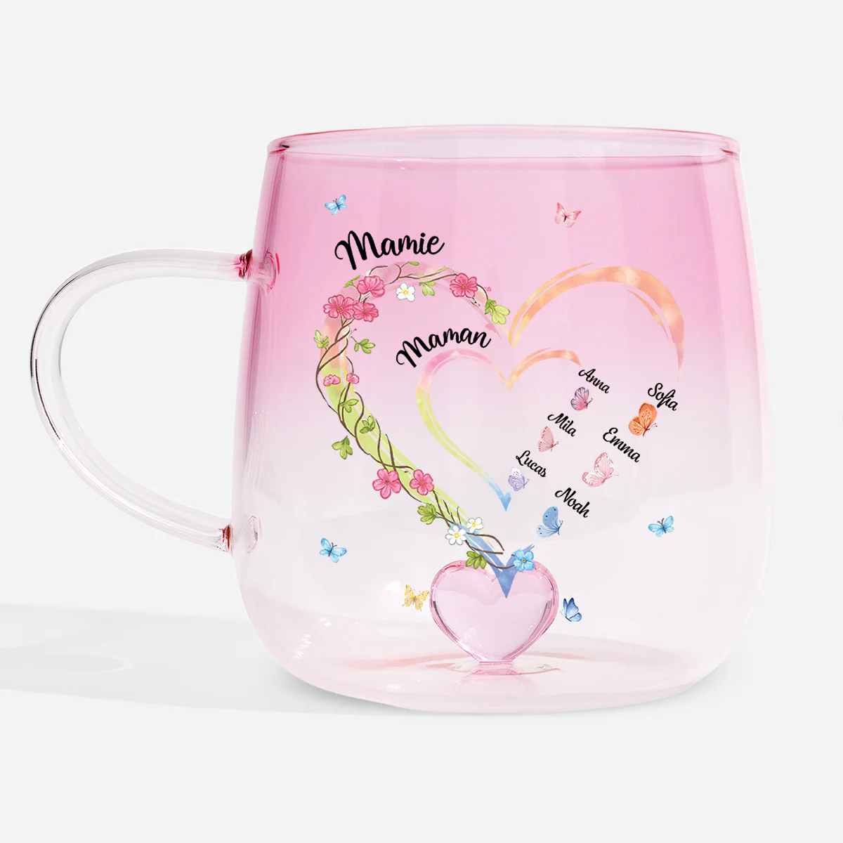 Mug En Verre Personnalisé Dégradé - Grand Coeur De Maman Et Mamie