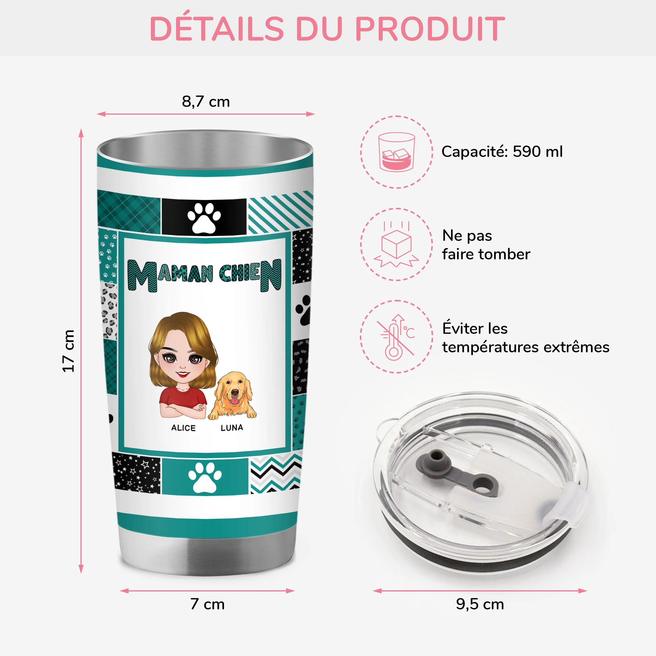 Cadeau Personnalisé Avec Chien | Mug Isotherme 590ml Maman Chien Patchwork De Pattes - Image 3