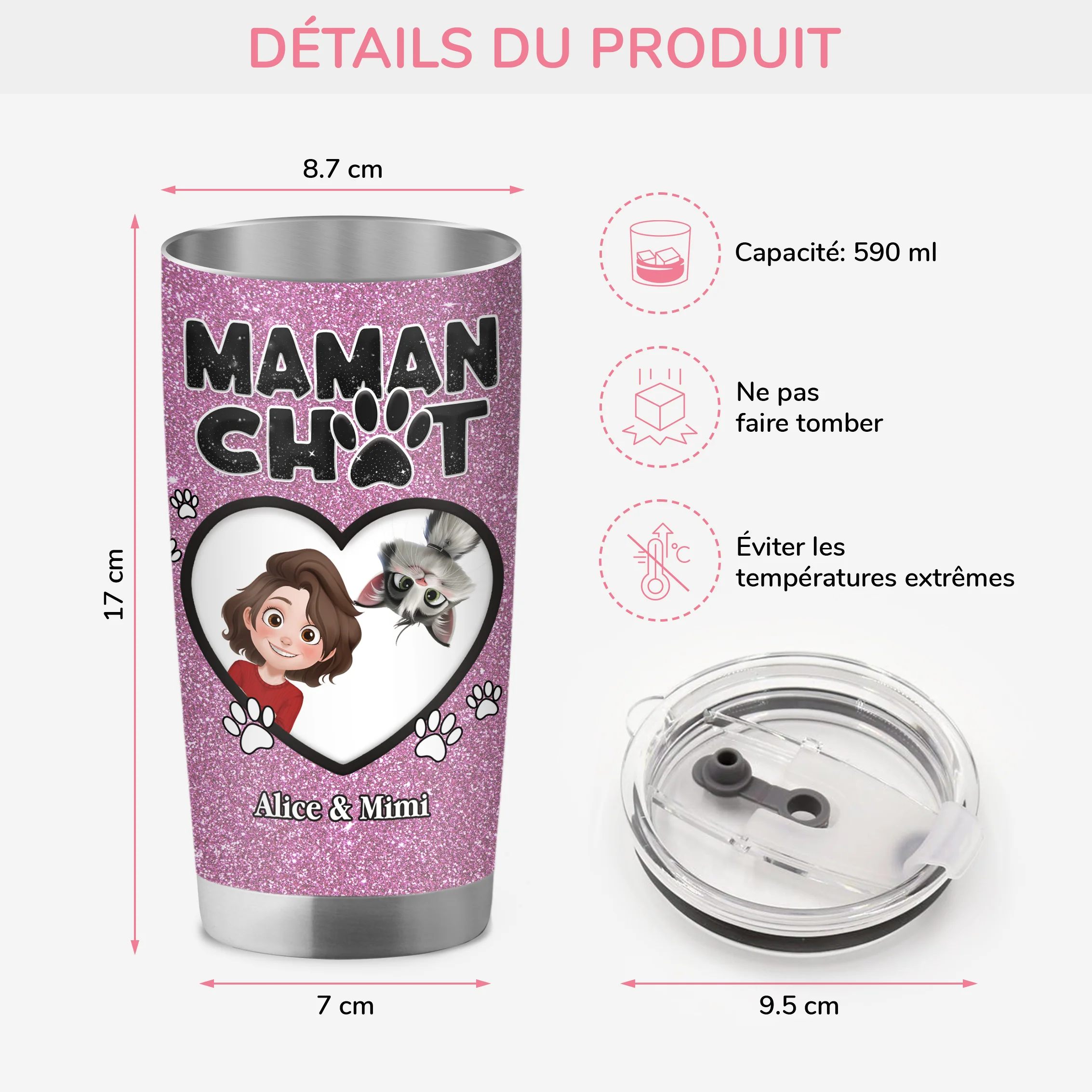 Mug Isotherme Paillette | Maman Chat Coeur Paillette Personnalisé - Image 3