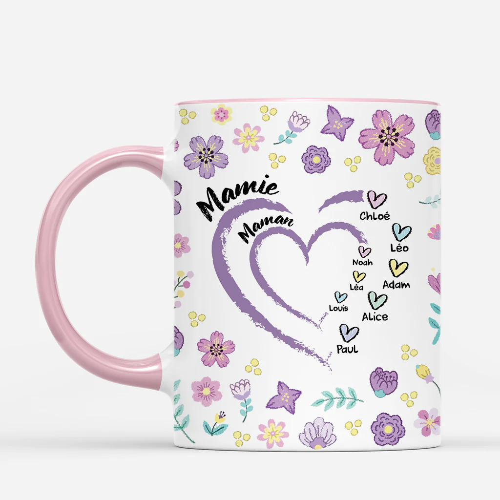 Mug Mamie Personnalisé - Maman Mamie Cœur - Version Bleu Floral - Image 2