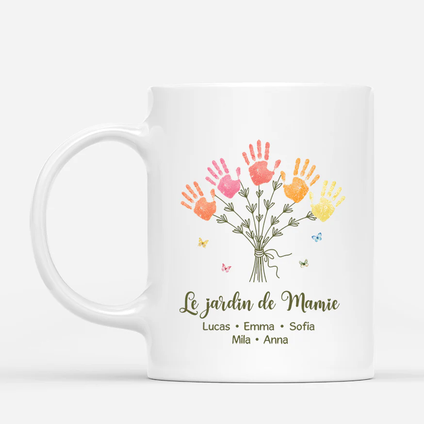 Mug Personnalisé Mamie - Jardin De Mamie Avec Empreintes De Main