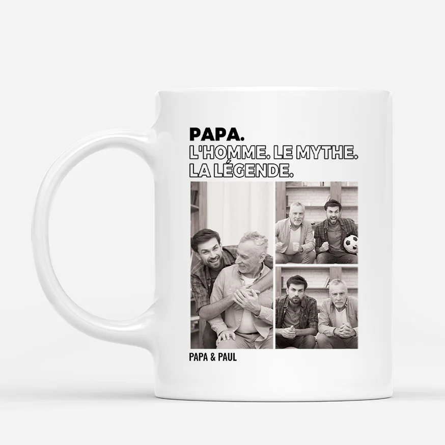Mug Personnalisé Papa Noir Et Blanc - L’Homme, Le Mythe, La Légende