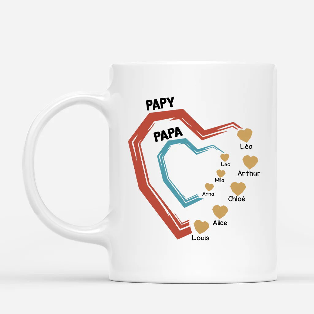 Mug Personnalisé Papa - Papa Papy Avec Cœur Rouges Et Bleus