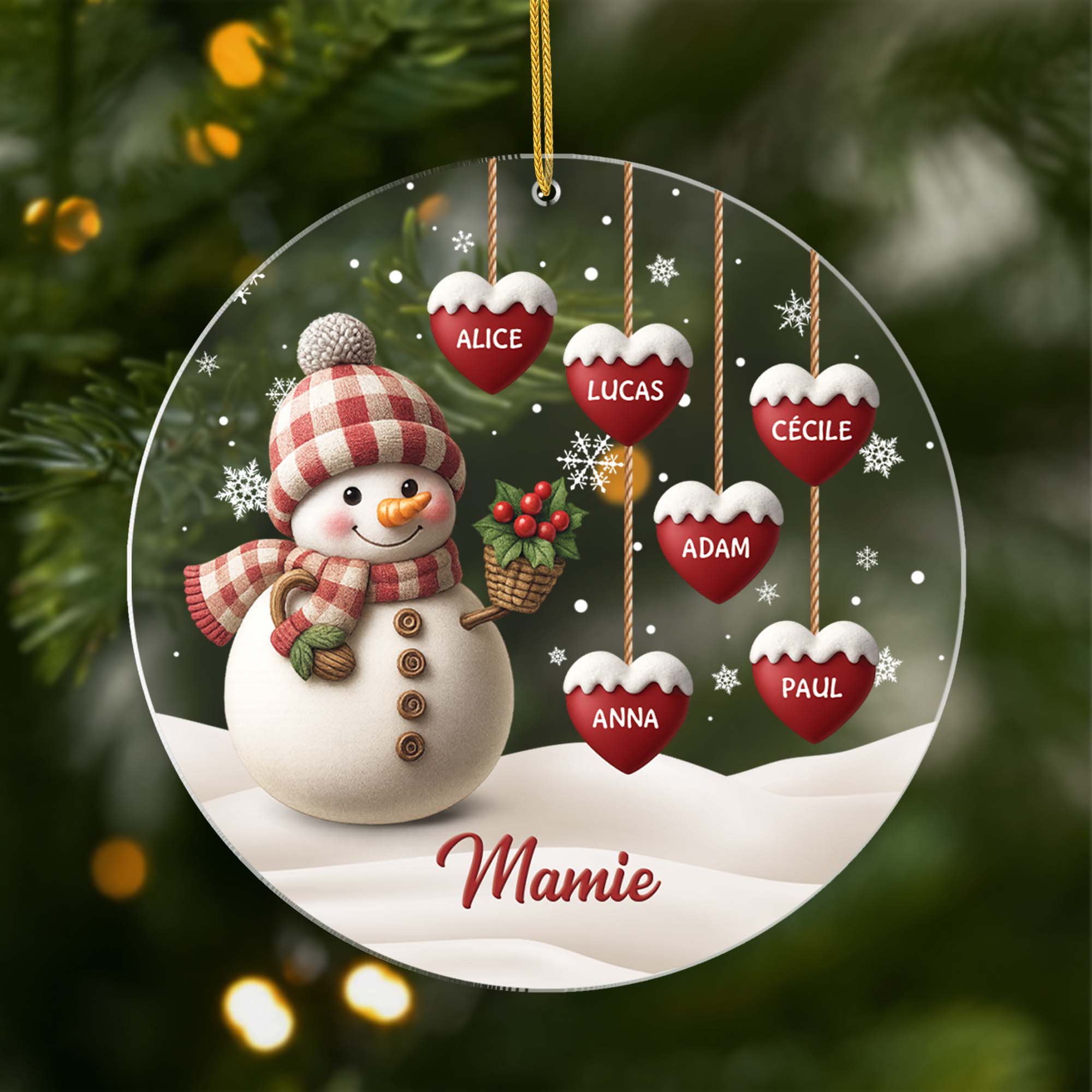 Ornement Noël En Acrylique Personnalisé - Mamie Bonhomme De Neige Avec Coeurs Rouges