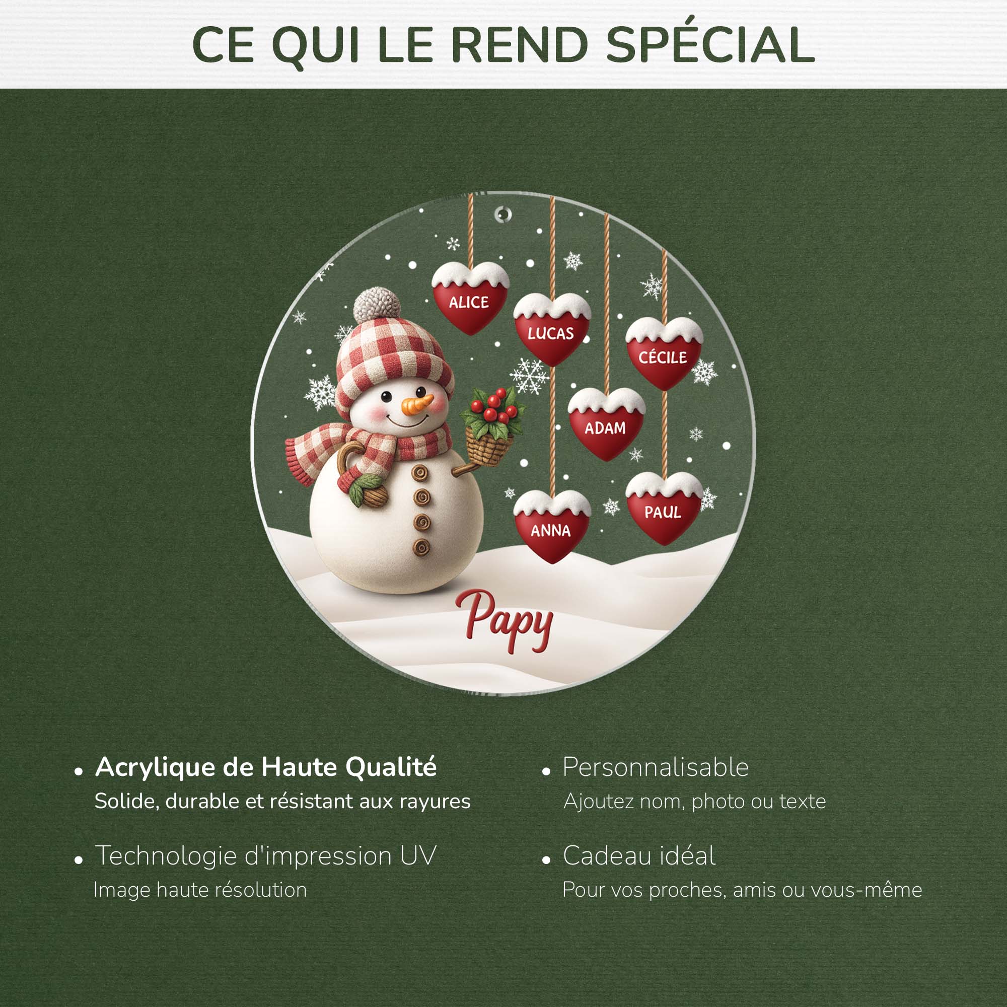 Ornement Noël En Acrylique Personnalisé - Mamie Bonhomme De Neige Avec Coeurs Rouges - Image 4