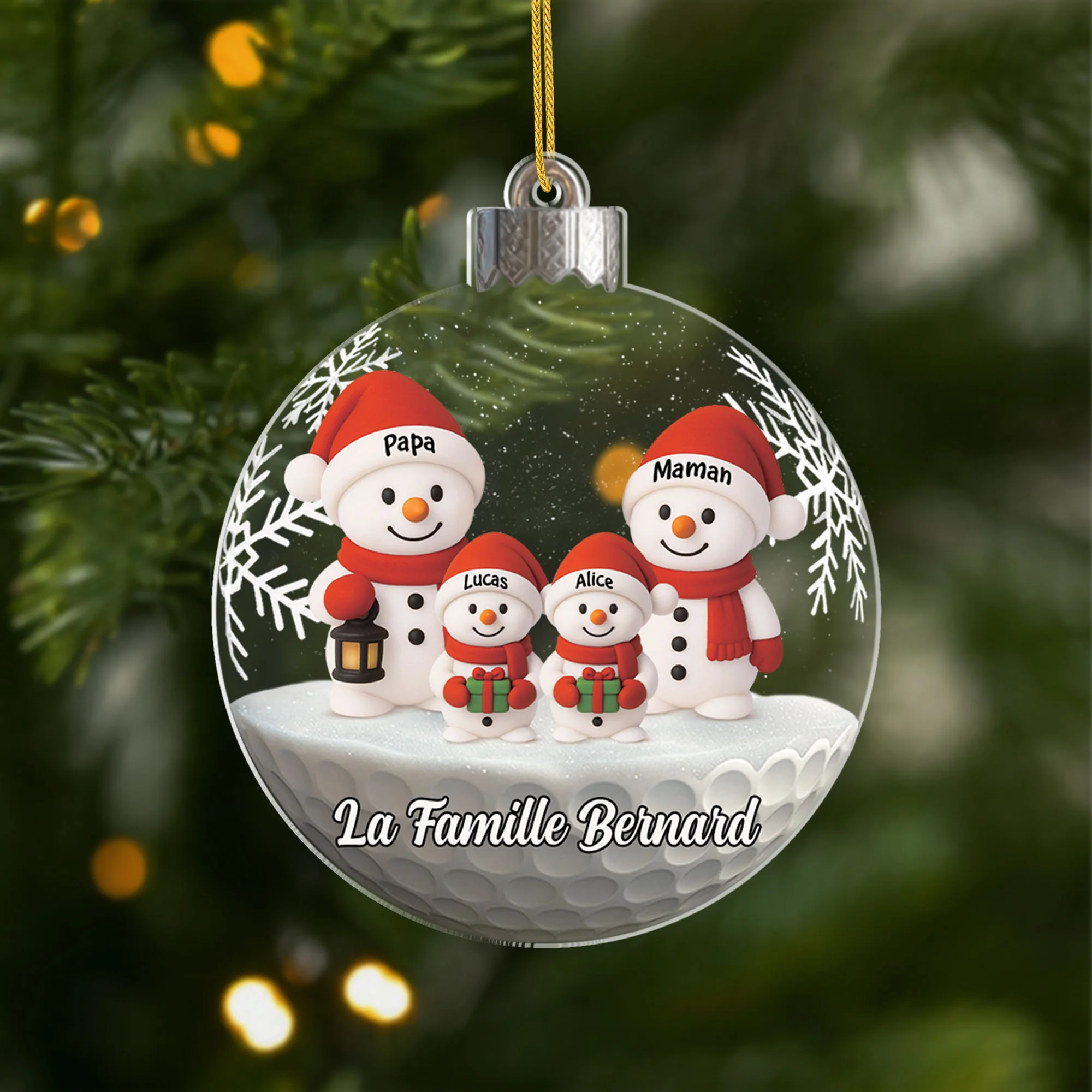 Ornement Acrylique Personnalisé - Boule De Noël Avec Famille Bonhomme De Neige