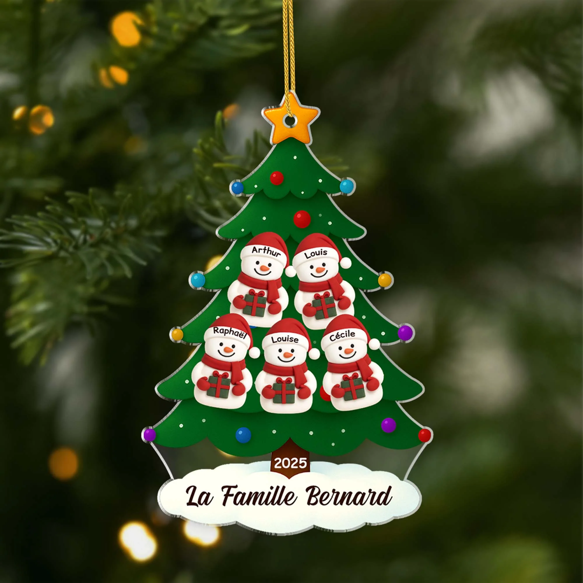 Ornement Acrylique Personnalisé Famille - Sapin De Noël Avec Bonhomme De Neige
