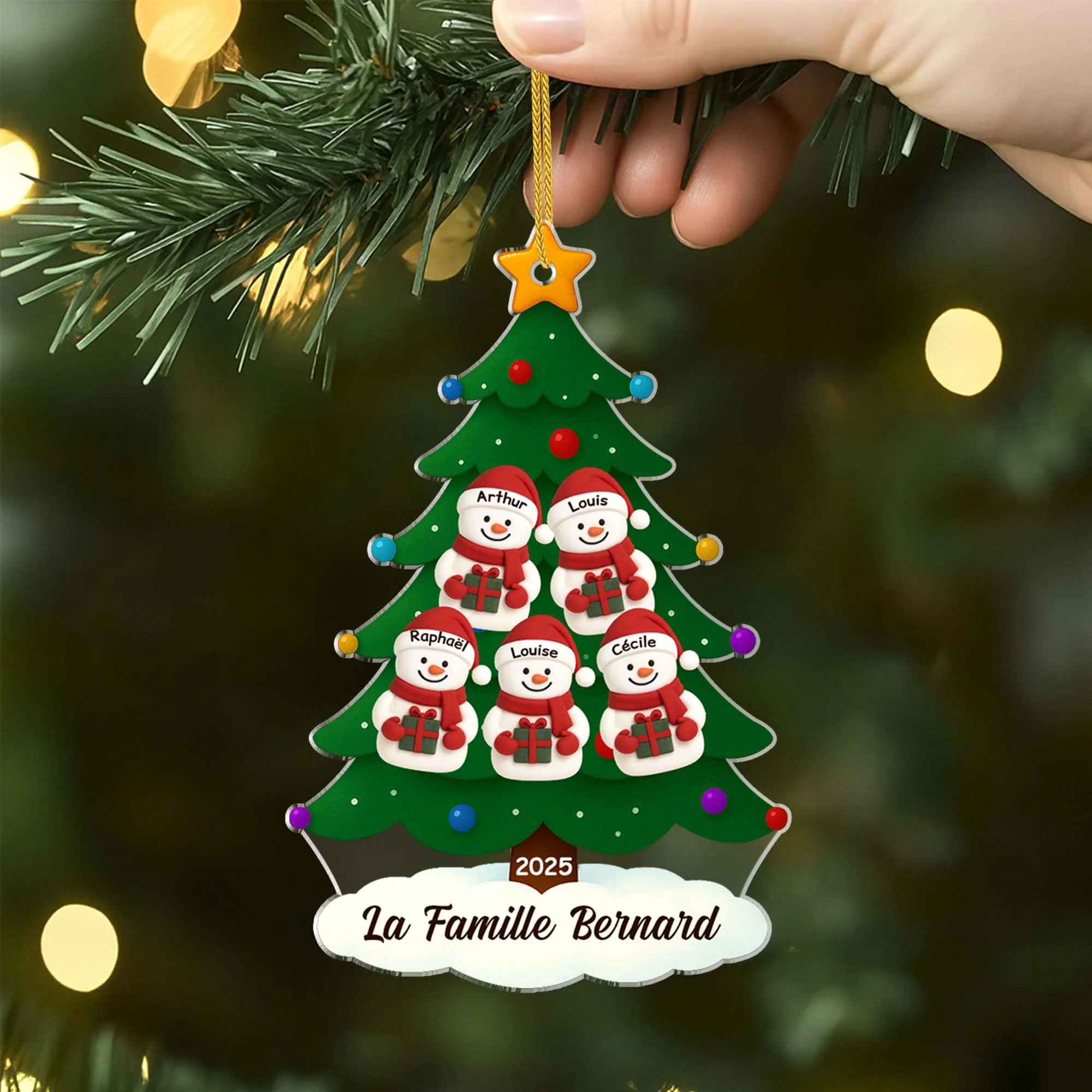 Ornement Acrylique Personnalisé Famille - Sapin De Noël Avec Bonhomme De Neige - Image 2
