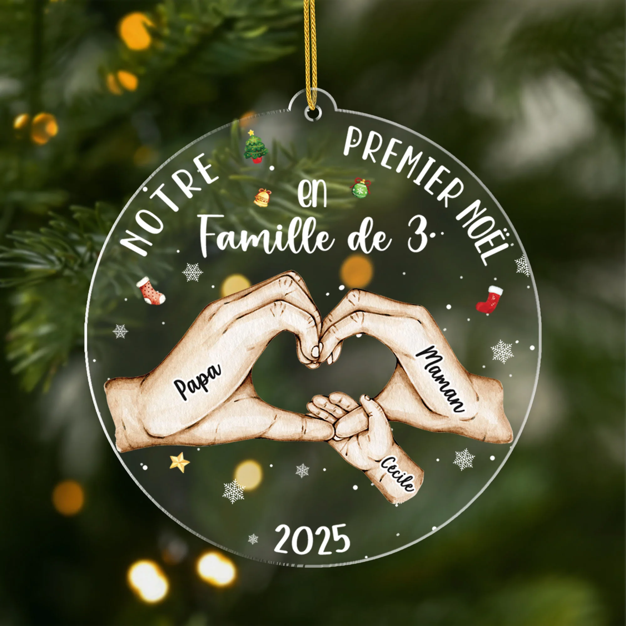 Ornement Acrylique Personnalisé - Notre Premier Noël En Famille Tenant Les Mains