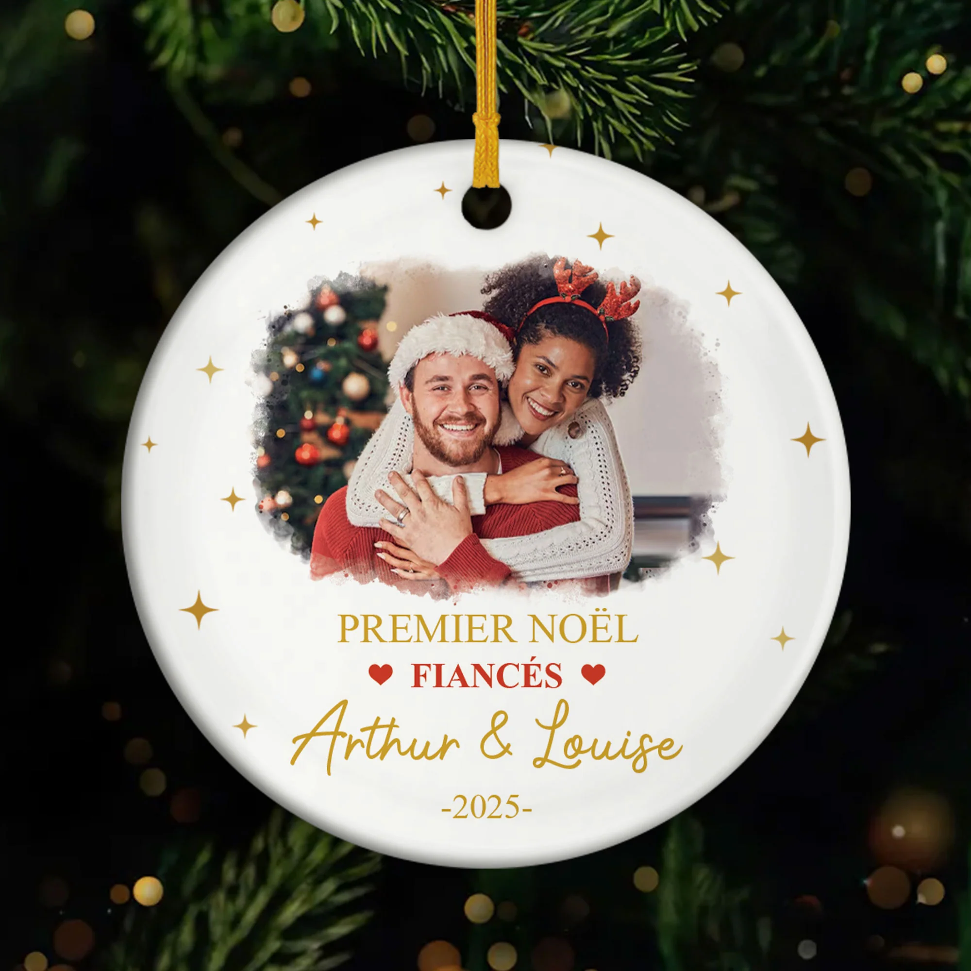 Ornement Céramique Personnalisé Avec Photo - Premier Noël Couple Fiancés