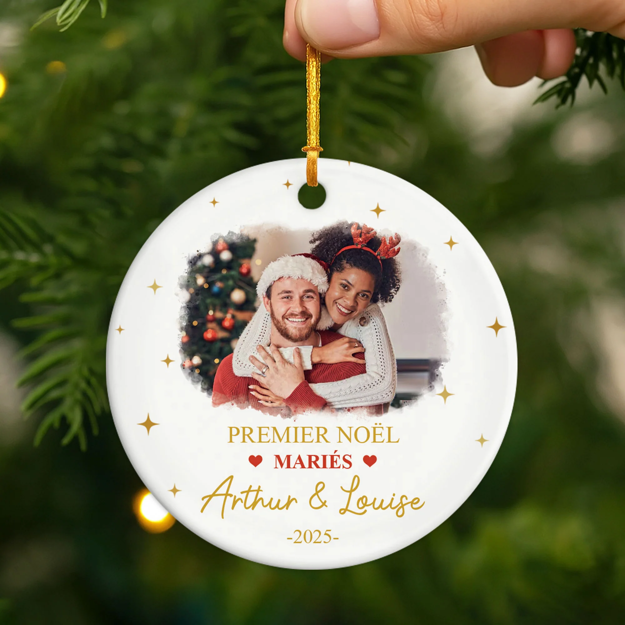 Ornement Céramique Personnalisé Avec Photo - Premier Noël Couple Fiancés - Image 2