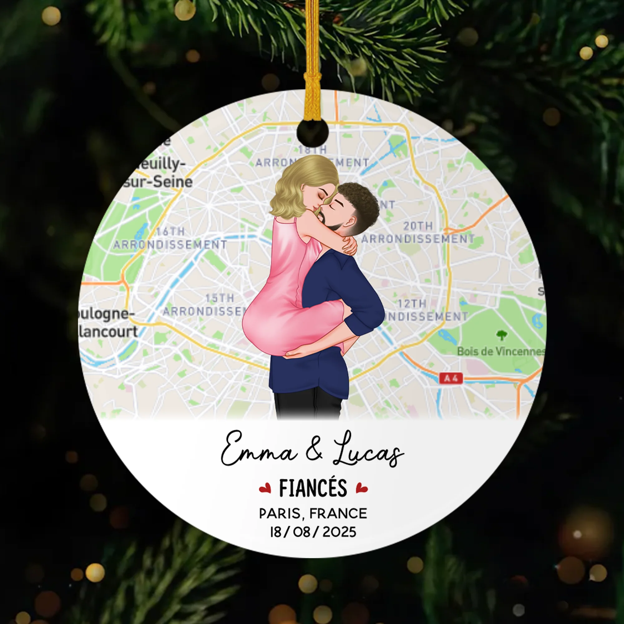 Ornement Céramique Personnalisé Couple - Fiancés - Avec Carte Géographique