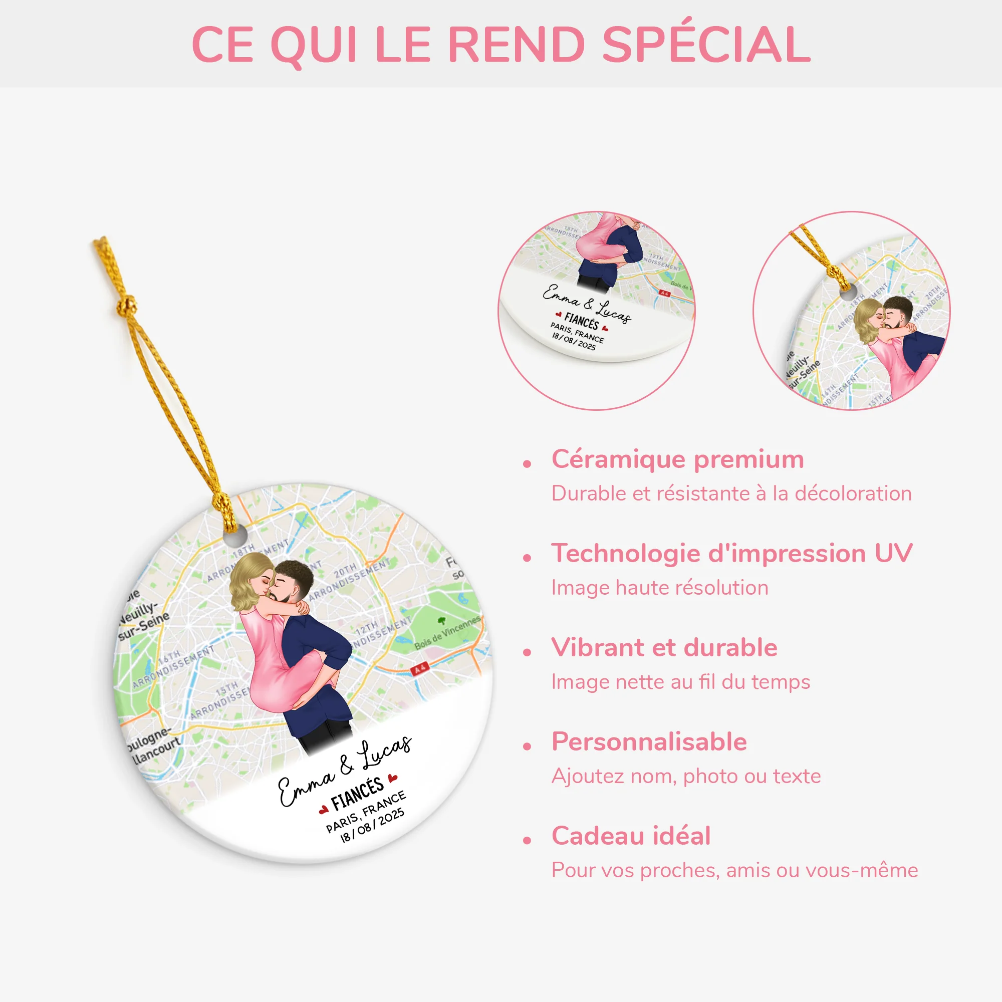 Ornement Céramique Personnalisé Couple - Fiancés - Avec Carte Géographique - Image 4