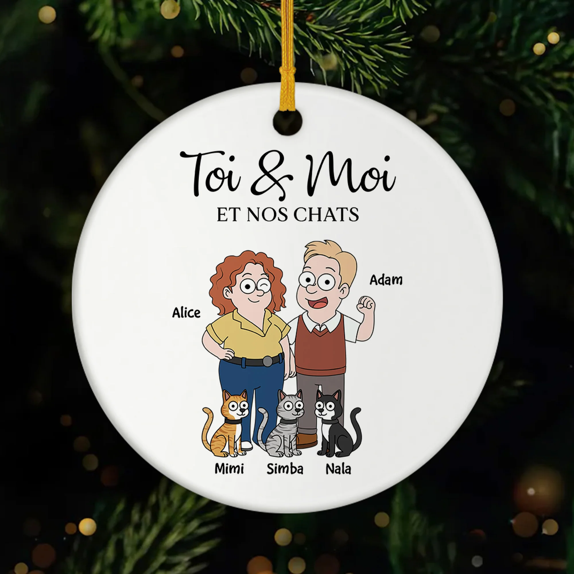 Ornement de Noël Personnalisé Céramique - Couple Toi & Moi et le Chat