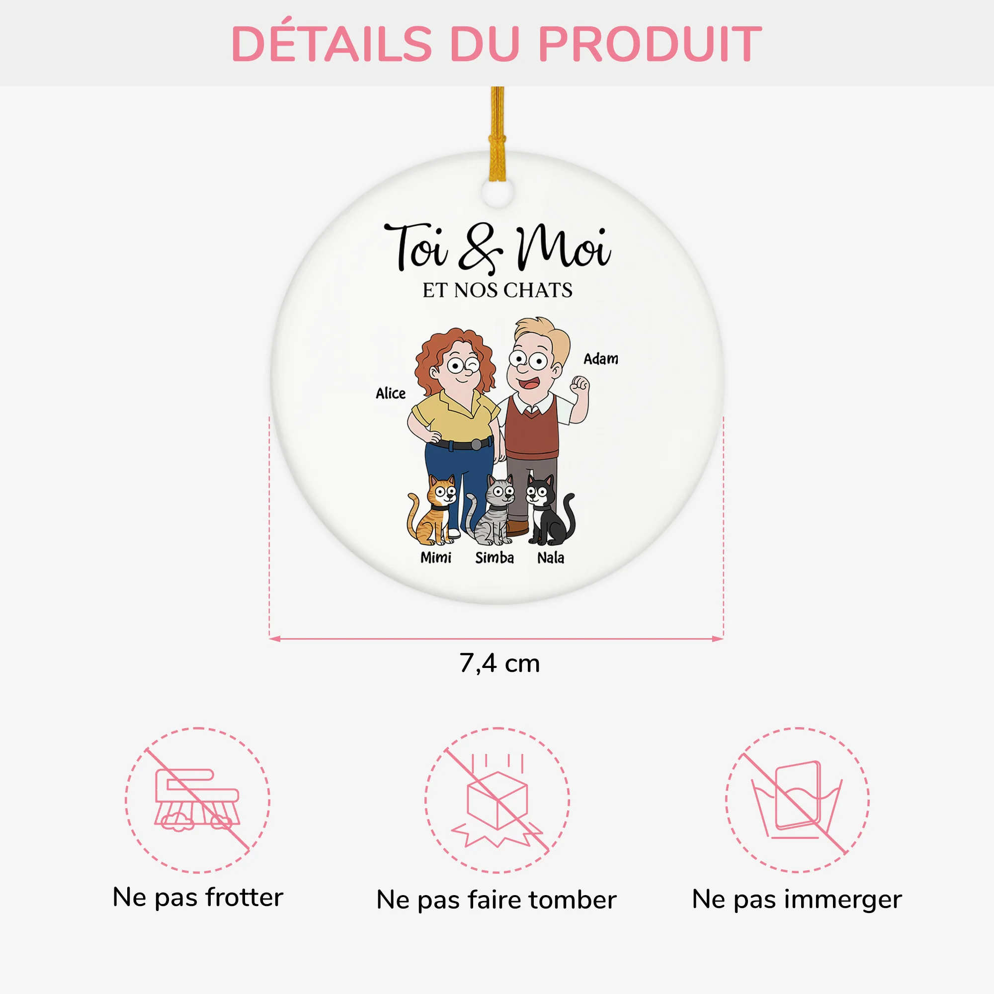 Ornement de Noël Personnalisé Céramique - Couple Toi & Moi et le Chat - Image 3