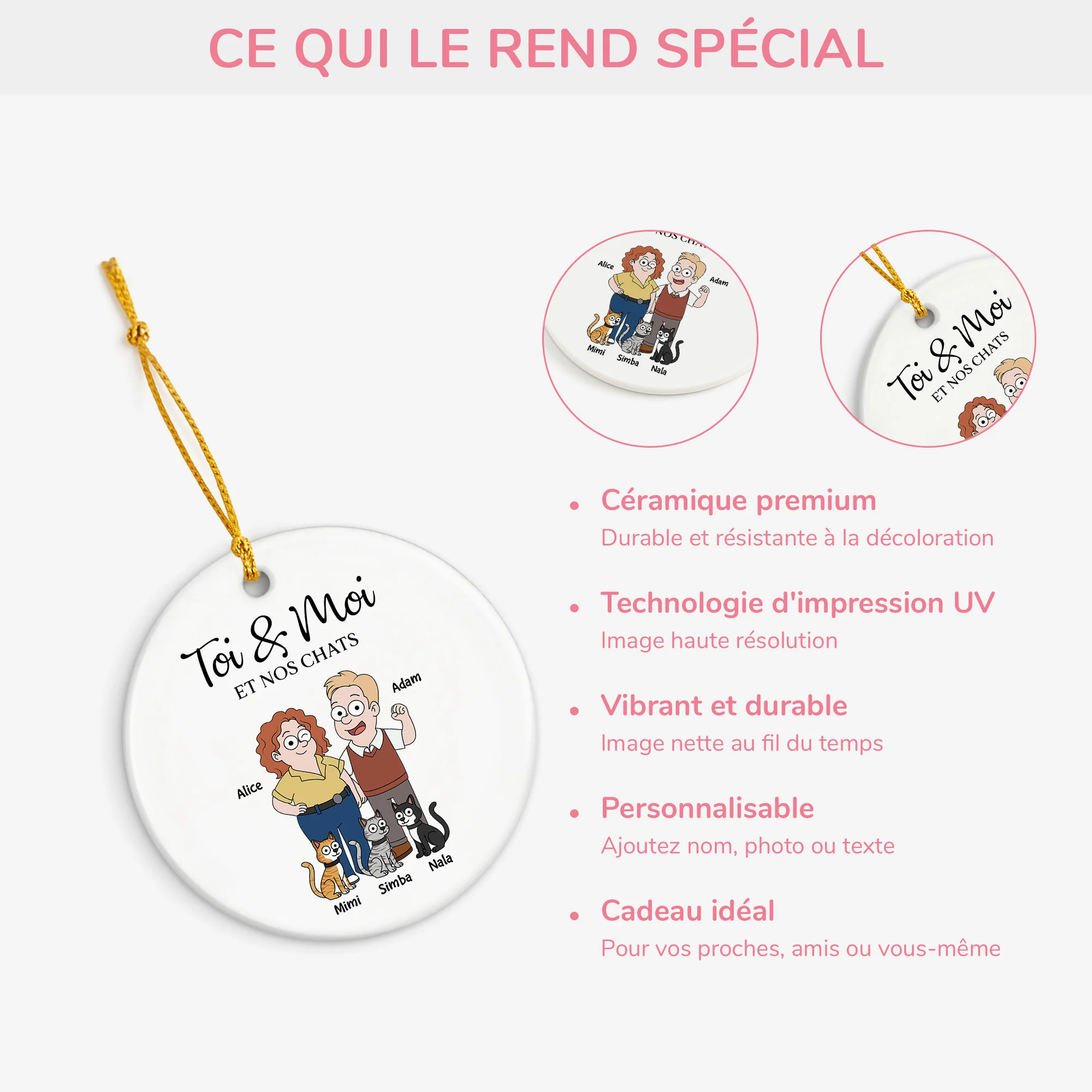 Ornement de Noël Personnalisé Céramique - Couple Toi & Moi et le Chat - Image 4